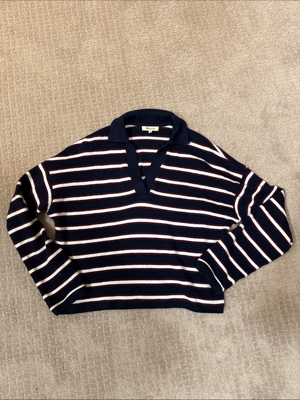Madewell Navy, Red, and White Striped V-Neck Pullover Sweater